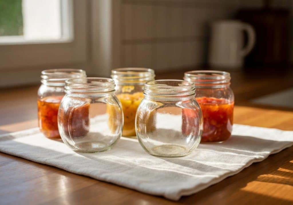 Bocaux en verre stérilisés séchant tête en bas sur torchon