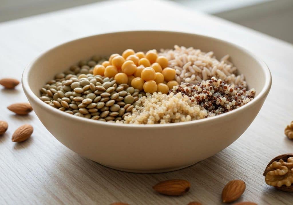Bol de lentilles, pois chiches et céréales complètes colorées