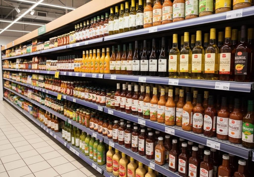 Rayon condiments supermarché avec bouteilles vin blanc cuisine