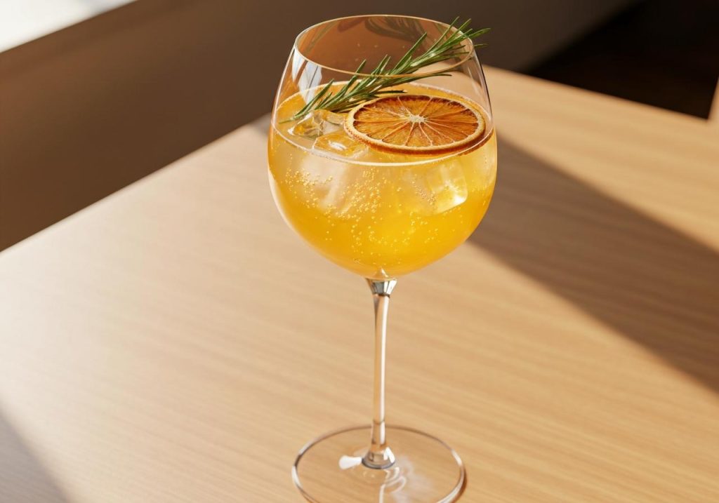 Virgin Spritz sans alcool dans un grand verre à vin avec tranche d'orange